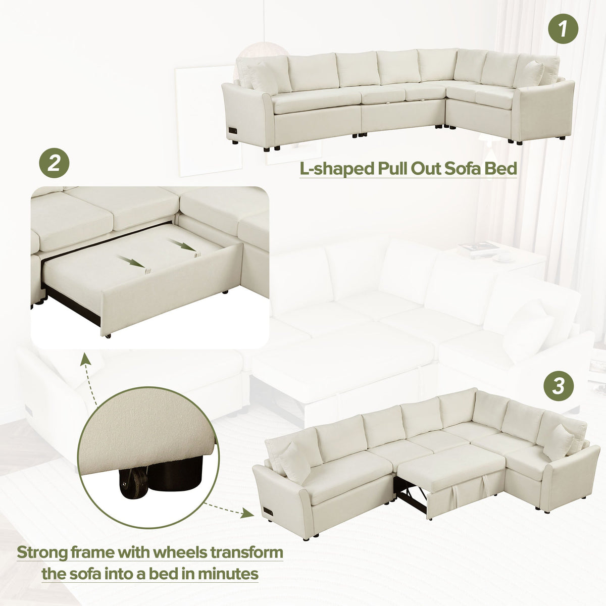 Sofá en forma de L de 124.8", sofá cama convertible extraíble con dos cojines de respaldo, dos puertos USB y dos enchufes eléctricos