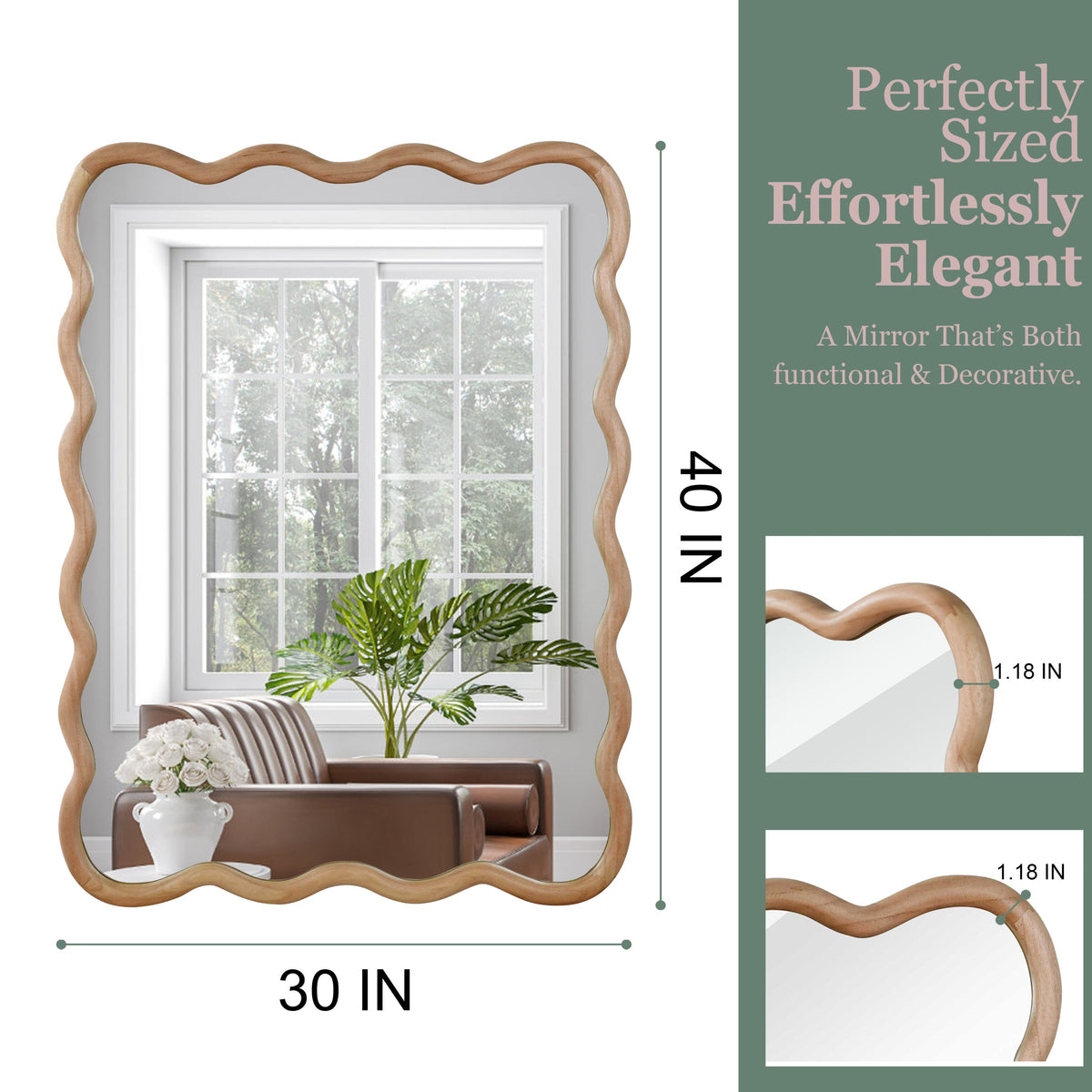 30'x40' Wavy Rectangle Solid Wood Frame Decorative Mirror,For Bedroom, Bathroom, Living Room, Entryway