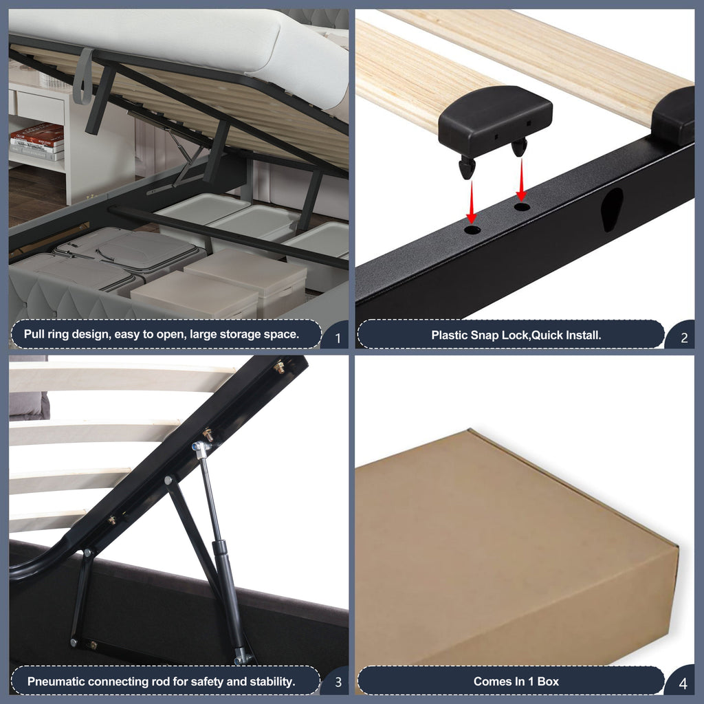 Queen Platform Bed Frame With Pneumatic Hydraulic Function, Velvet Upholstered Bed With Deep Tufted Buttons, Lift Up Sto