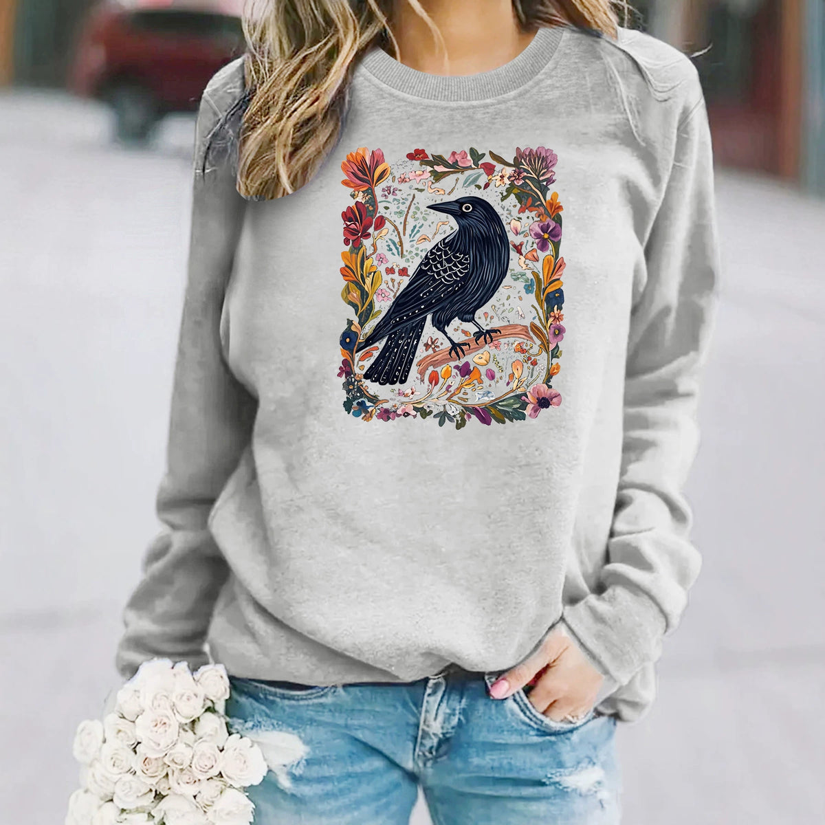 Crow print round neck fleece hoodie