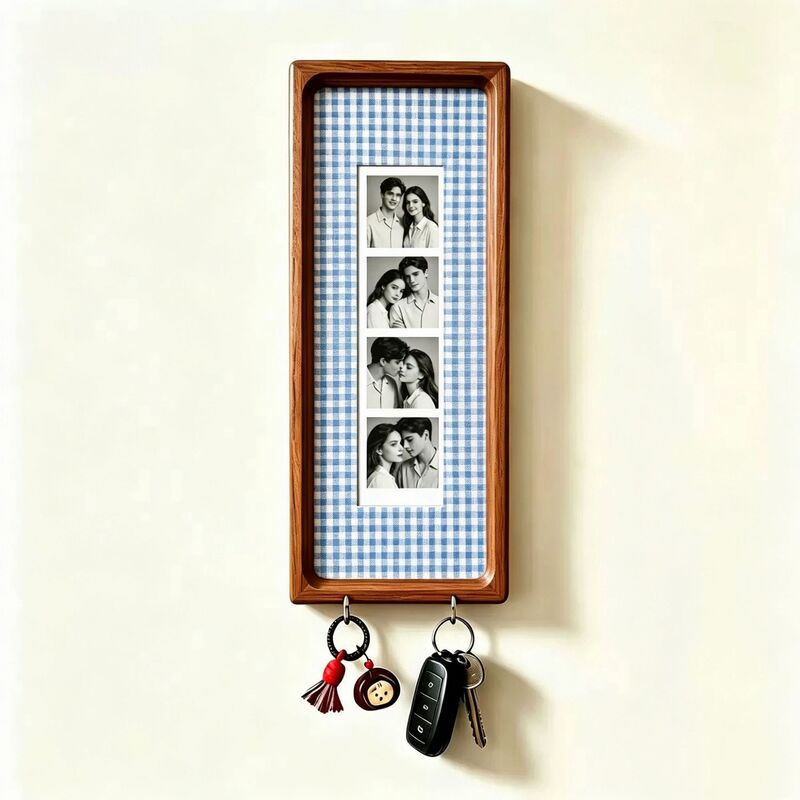 Cadre photo en bois pour couple avec porte-clés – Cadre photo mural, porte-clés à rayures vintage, cadeau d'anniversaire