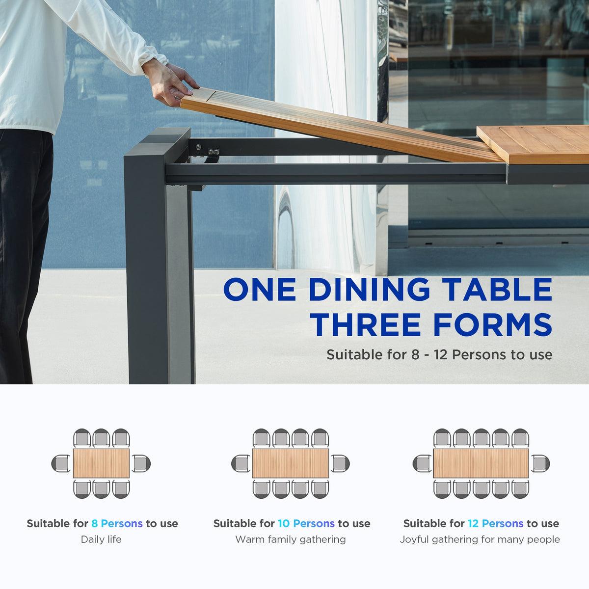 LUMEN 12 Person Teak Outdoor Dining Set With Three Version Extending Mode For 8/10/12 Seating