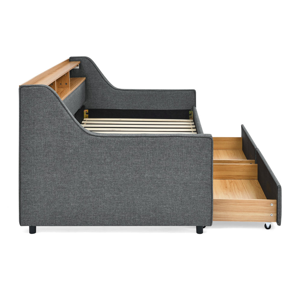 Twin Size Upholstery Sofa Bed With Three LED Lights, With Storage Adjustable Headboard, With Two Storage Pull Up Drawers