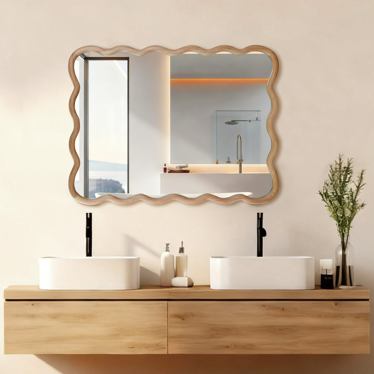 30'x40' Wavy Rectangle Solid Wood Frame Decorative Mirror,For Bedroom, Bathroom, Living Room, Entryway