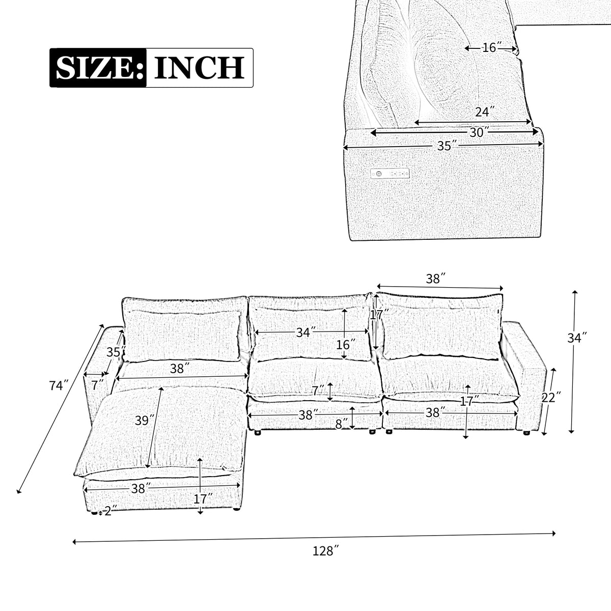 128" Sectional Sofa Cloud Sofa Chenille Upholstered Sofa  Couch With Movable Ottoman, Comfortable Seat Cushions, Chargin