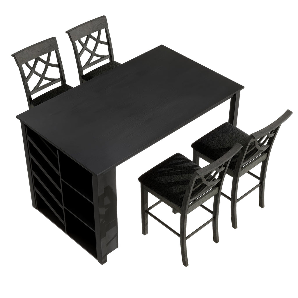 Updated Counter Height 5-Piece Solid Wood Dining Table Set, 59*35.4Inch Table With Curved Wine Rack and 4 Upholstered Ch