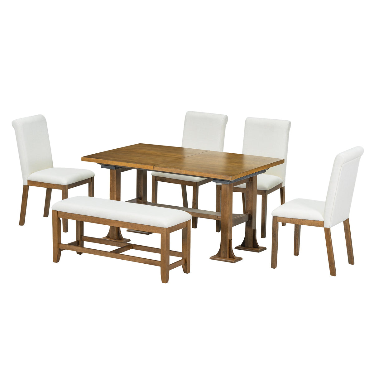 Farmhouse 76inch 6-Piece Extendable Dining Table Set Trestle Kitchen Table Set With 18inch Removable Leaf and Upholstere
