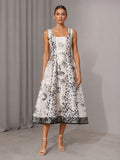 Leopard & Botanical Print Square Neck Satin Midi Swing Dress