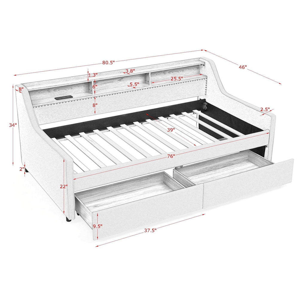 Twin Size Upholstery Sofa Bed With Three LED Lights, With Storage Adjustable Headboard, With Two Storage Pull Up Drawers