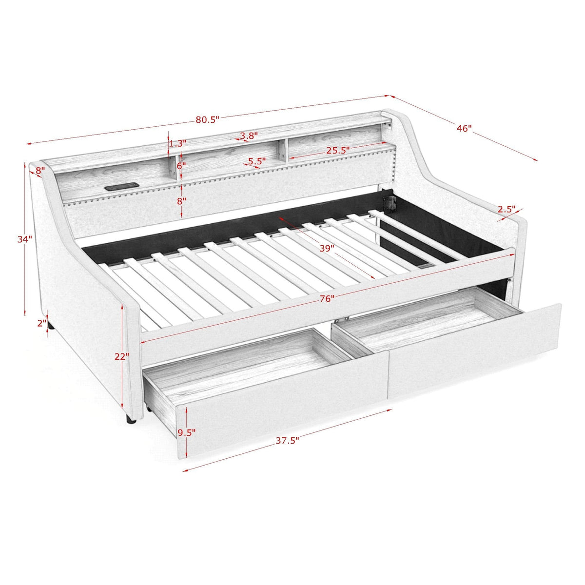 Twin Size Upholstery Sofa Bed With Three LED Lights, With Storage Adjustable Headboard, With Two Storage Pull Up Drawers