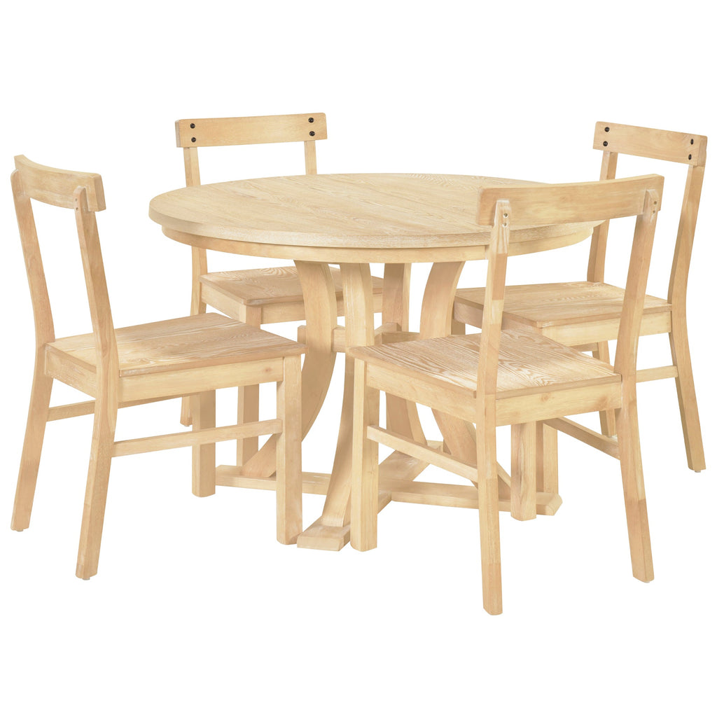 5-Piece Rustic Round Pedestal Extendable Dining Table Set With 15.7" Removable Leaf and Simple Dining Chirs for Small Pl