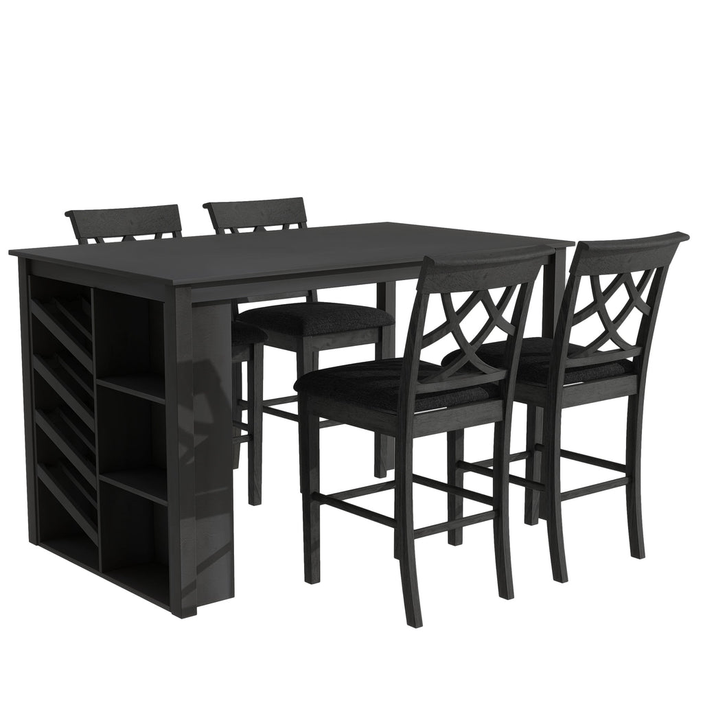 Updated Counter Height 5-Piece Solid Wood Dining Table Set, 59*35.4Inch Table With Curved Wine Rack and 4 Upholstered Ch