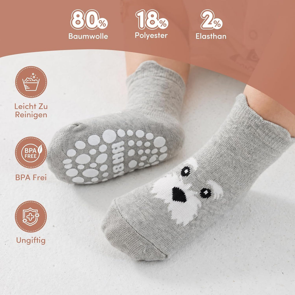 SockWaddles Chaussettes de bébé, 5 paires de chaussettes antidérapantes ABS respirantes pour enfants, chaussettes de bébé en coton, garçons et filles avec des animaux et des licornes