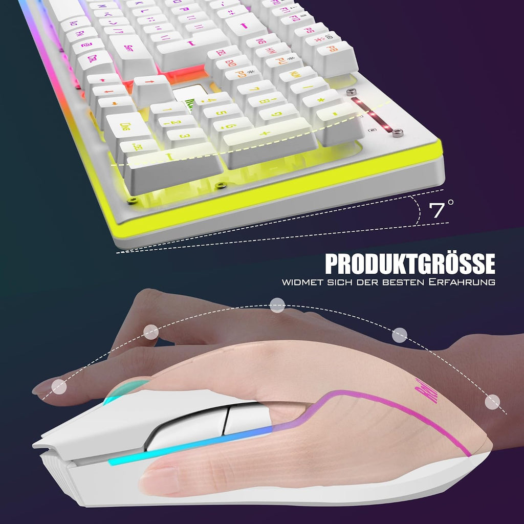RedThunder K10 Kabelloses Gaming Tastatur und Maus Set, QWERTZ DE-Layout LED Hintergrundbeleuchtung, 3000mA Batteriekapazität und 3200 DPI für Gamer(Weiß)