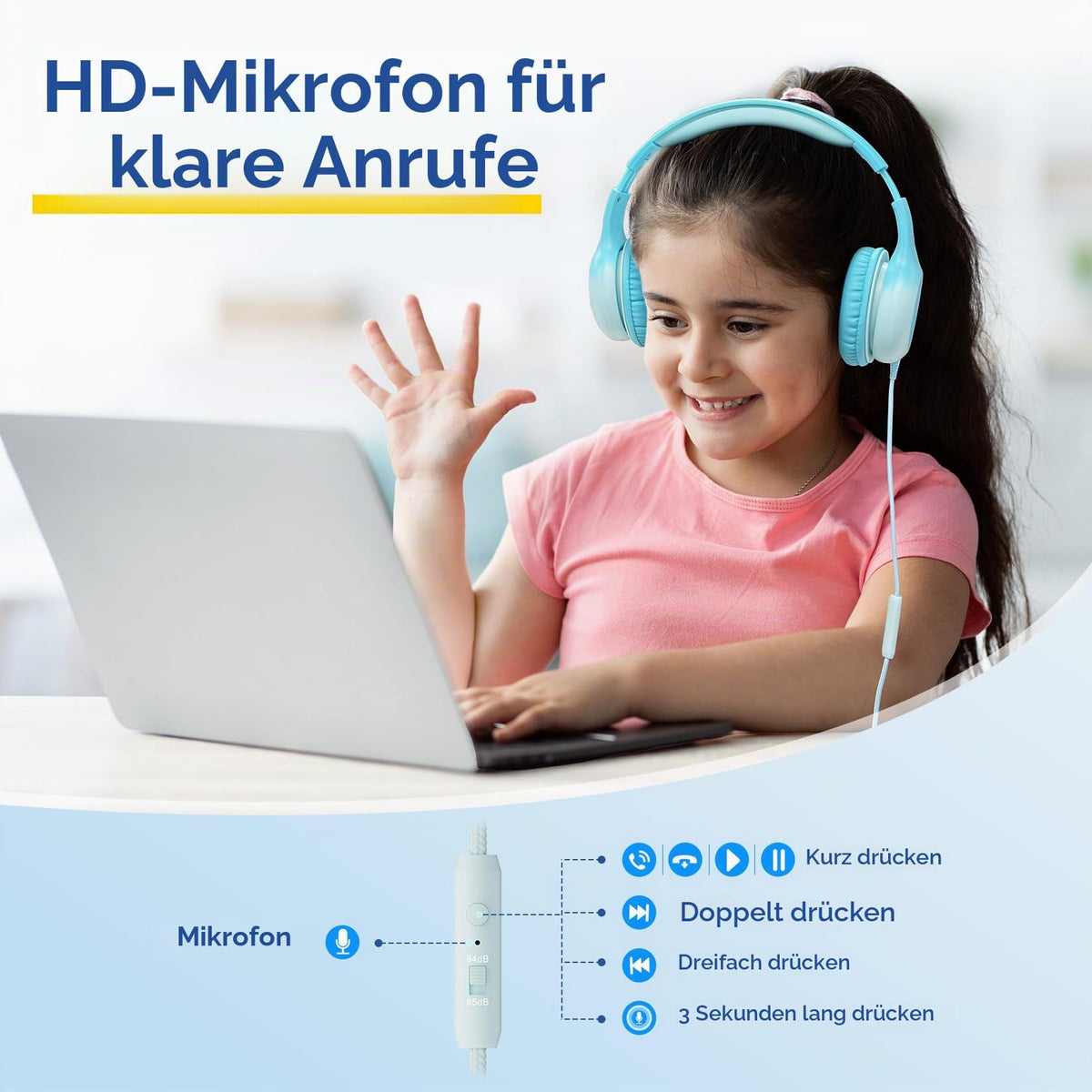 EarFun Kinder Kopfhörer mit 3,5 mm Kabel, Lautstärkebegrenzung, Blau-grün
