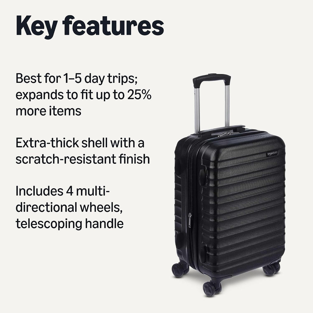 Amazon Basics 21" Hardside Carry-On Luggage with Spinner Wheels, Expandable for Up to 25% More Space, Scratch-Resistant Hard Shell, Telescoping Handle, Black