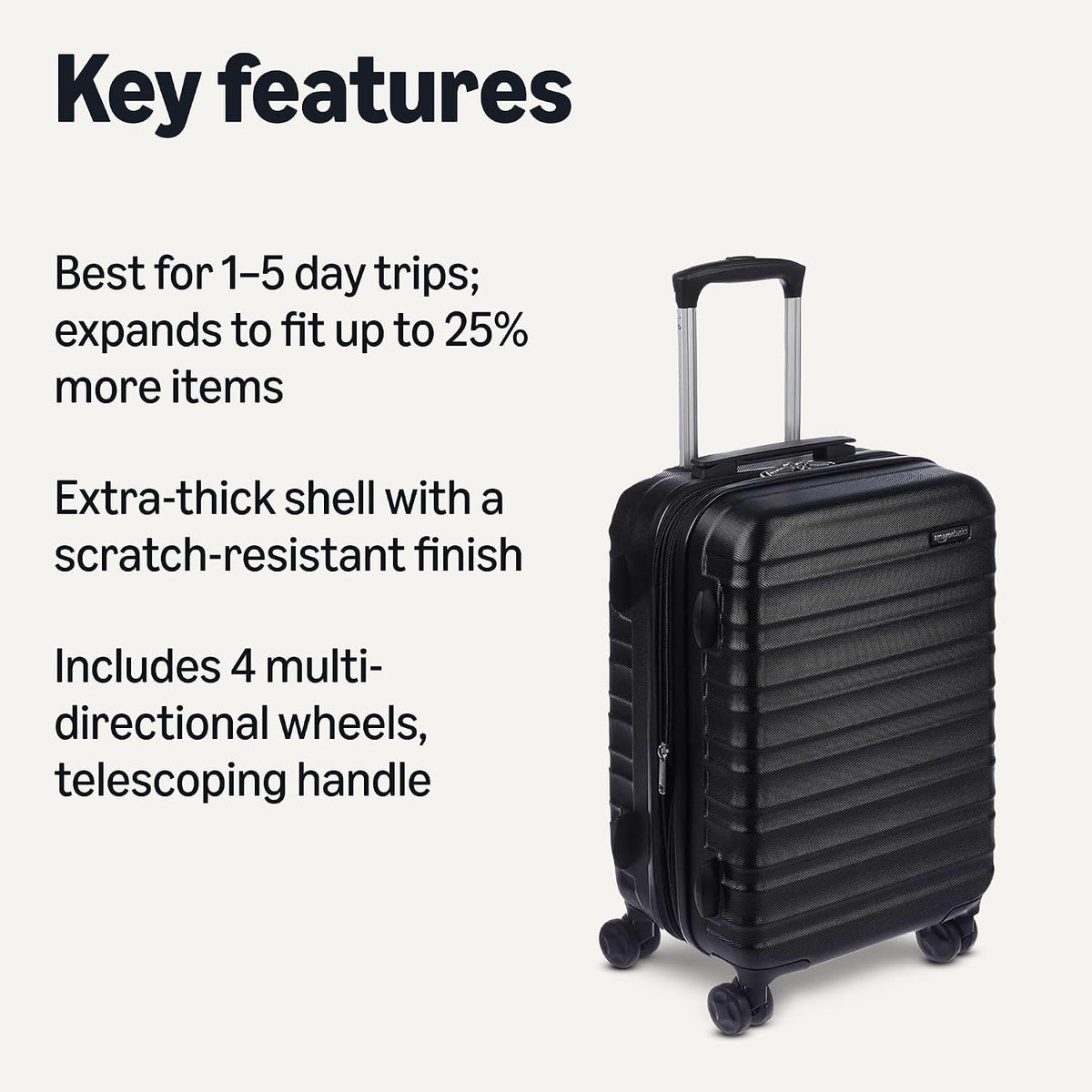 Amazon Basics 21" Hardside Carry-On Luggage with Spinner Wheels, Expandable for Up to 25% More Space, Scratch-Resistant Hard Shell, Telescoping Handle, Black