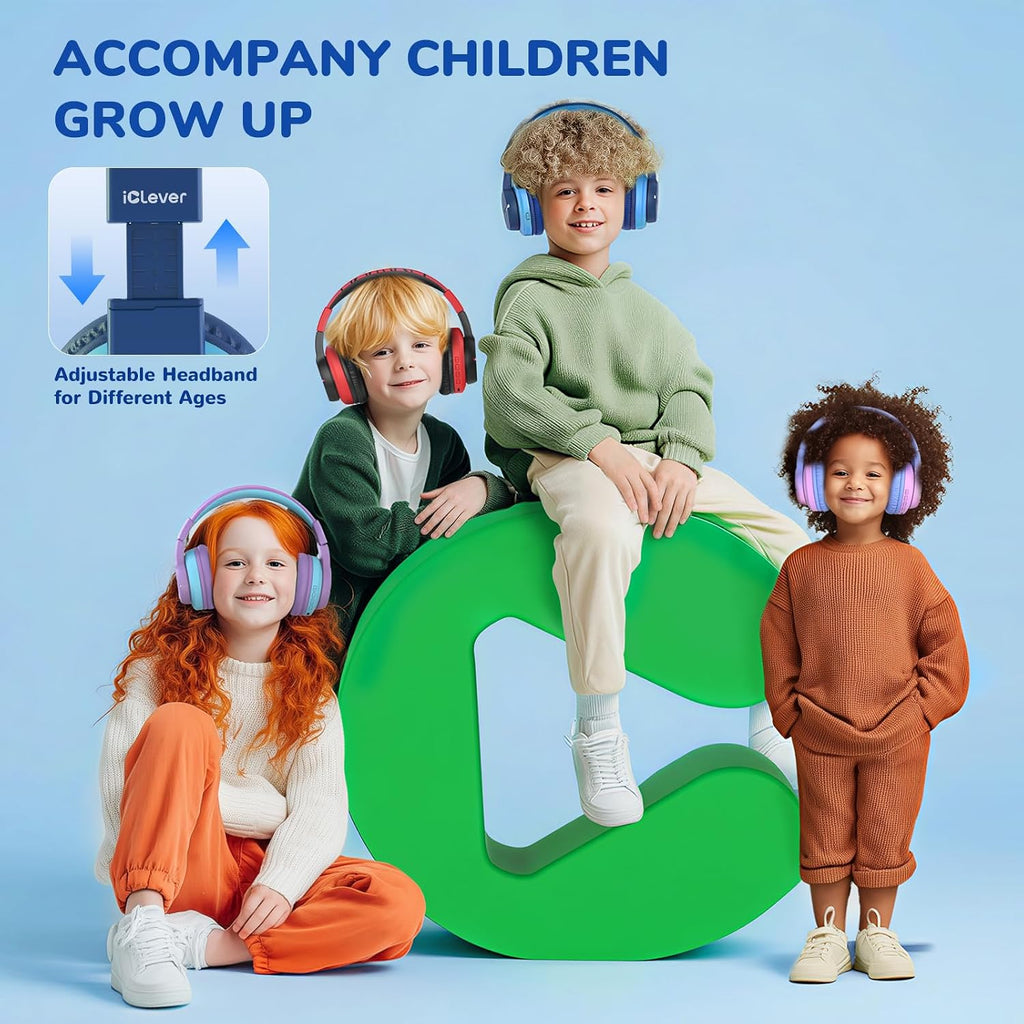 iClever BTH12 Bluetooth-Kopfhörer für Kinder mit LED-Beleuchtung, 85 Stunden Wiedergabezeit, ideal für Reisen