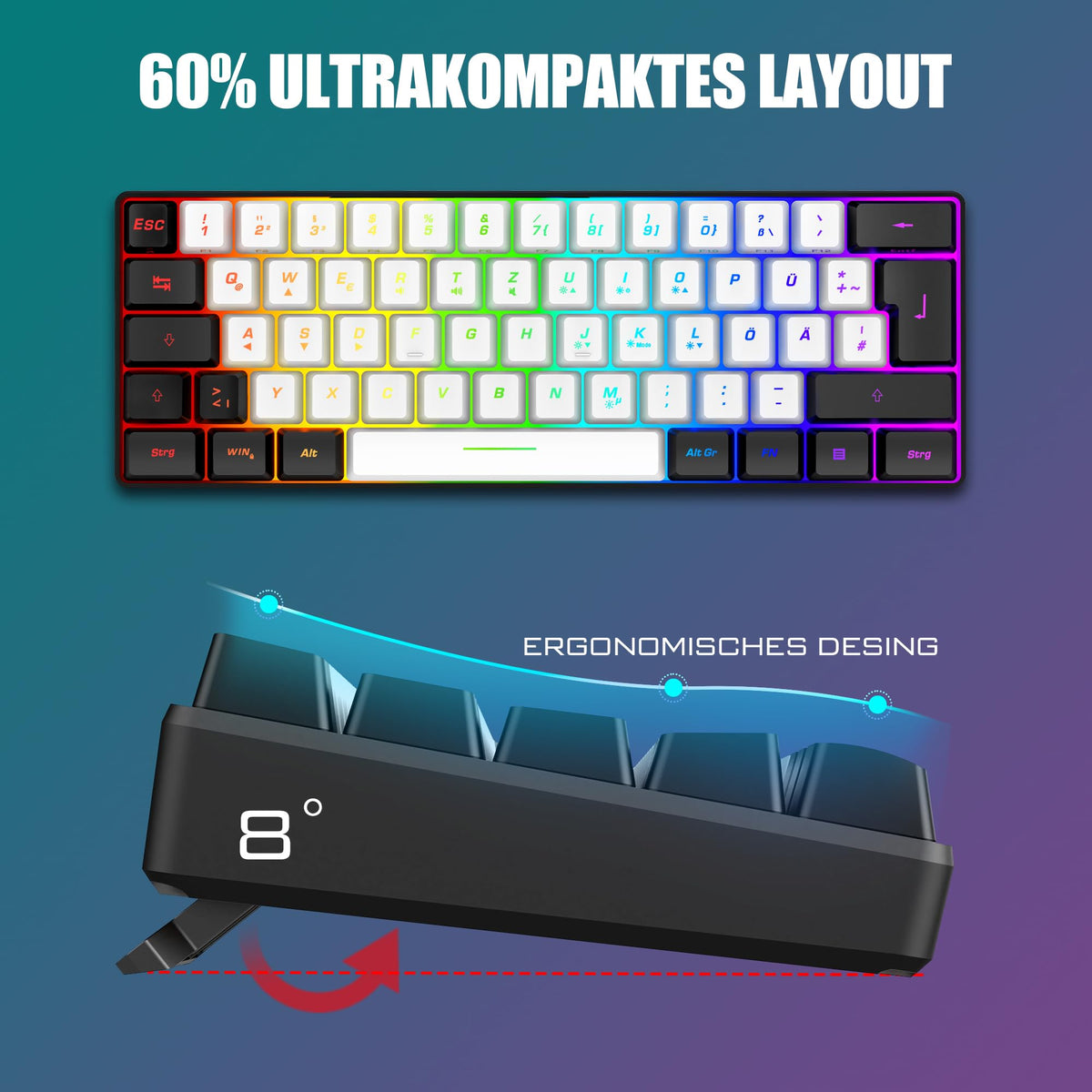 RedThunder 60% Kabelloses RGB Gaming Tastatur und Maus Set, QWERTZ DE Layout, Wiederaufladbare Funktastatur mit Ultraleichte Gaming Maus mit Wabenkonstruktion, für PC MAC PS5 Xbox Gamer, Büro.