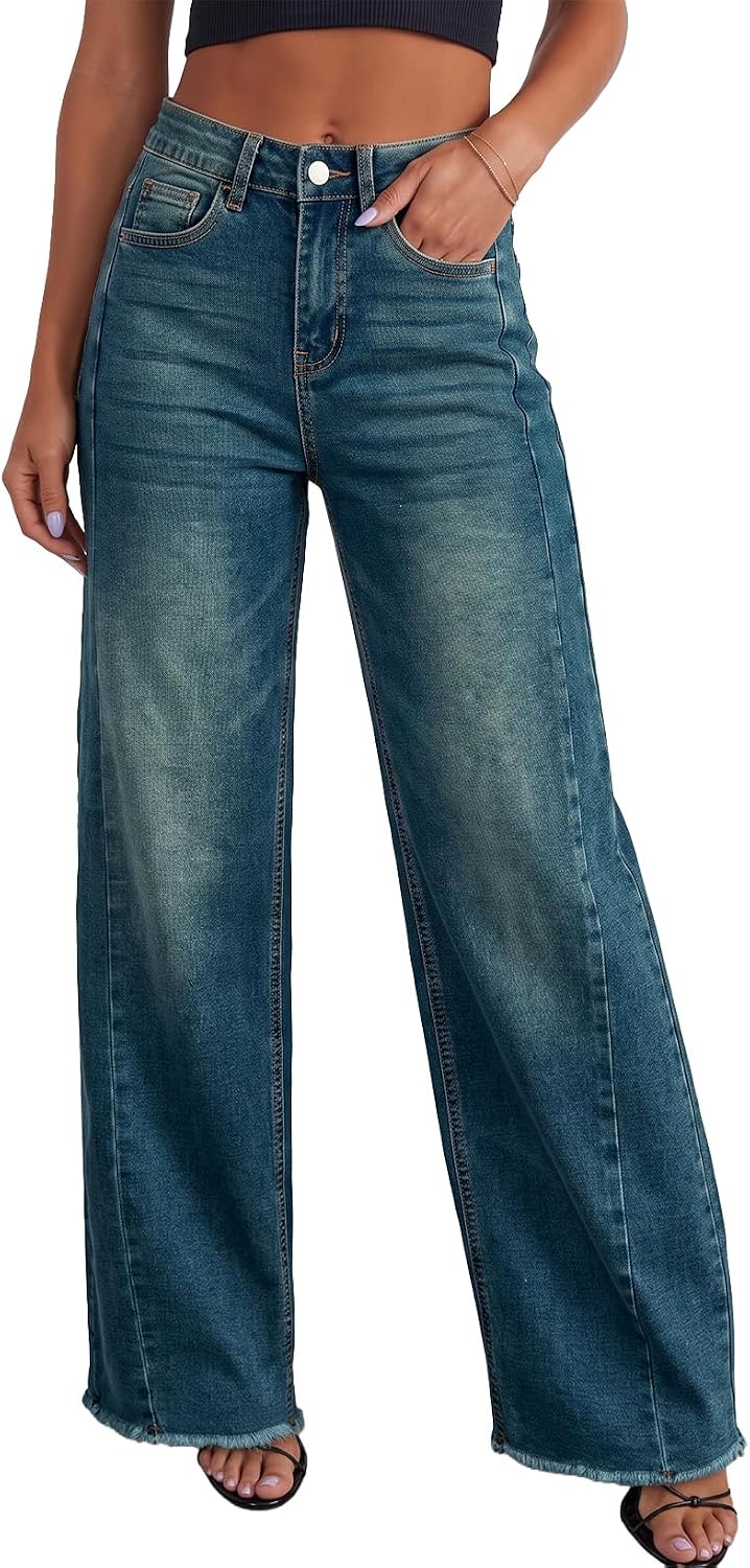 Sidefeel Damen Jeans mit weitem Bein, hoch taillierte, elastische Denim-Hose