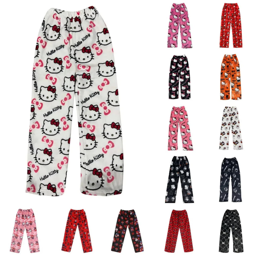 Chnnamzu Damen-Pyjamahose aus Flanell, warmes und weiches Fleece-Pyjamaunterteil, süßes Cartoon-Katzen-Motiv, Kawaii-Mode, lässige Nachtwäsche, Loungewear-Hose