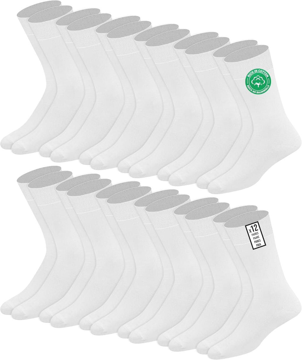 SOXCO Lot de 12 paires de chaussettes homme | Chaussettes habillées mi-mollet riches en coton | Tissu respirant idéales pour le travail et le quotidien | Noir, Blanc, Gris, Bleu Marine