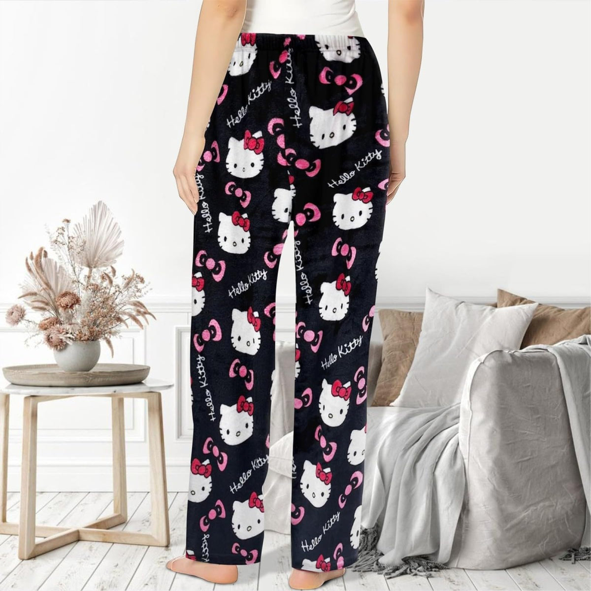 Chnnamzu Damen-Pyjamahose aus Flanell, warmes und weiches Fleece-Pyjamaunterteil, süßes Cartoon-Katzen-Motiv, Kawaii-Mode, lässige Nachtwäsche, Loungewear-Hose