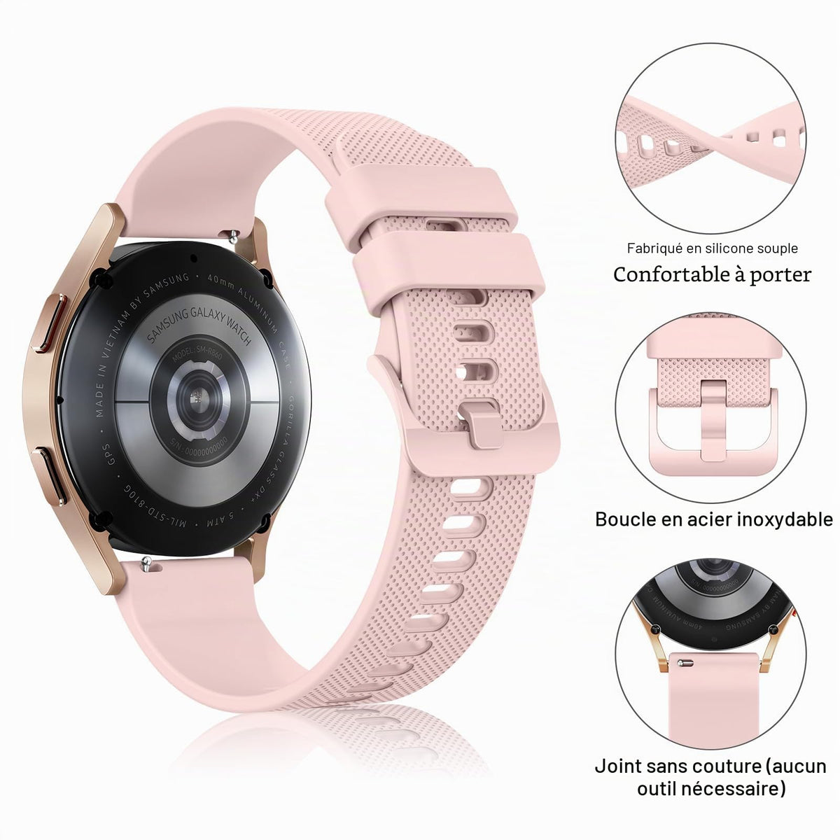 Wanme 20mm Bracelet de Montre en Silicone, Souple Bracelet de Replacement en Dégagement Rapide avec Boucle en Même Couleur Homme Femme 20mm, Starlight
