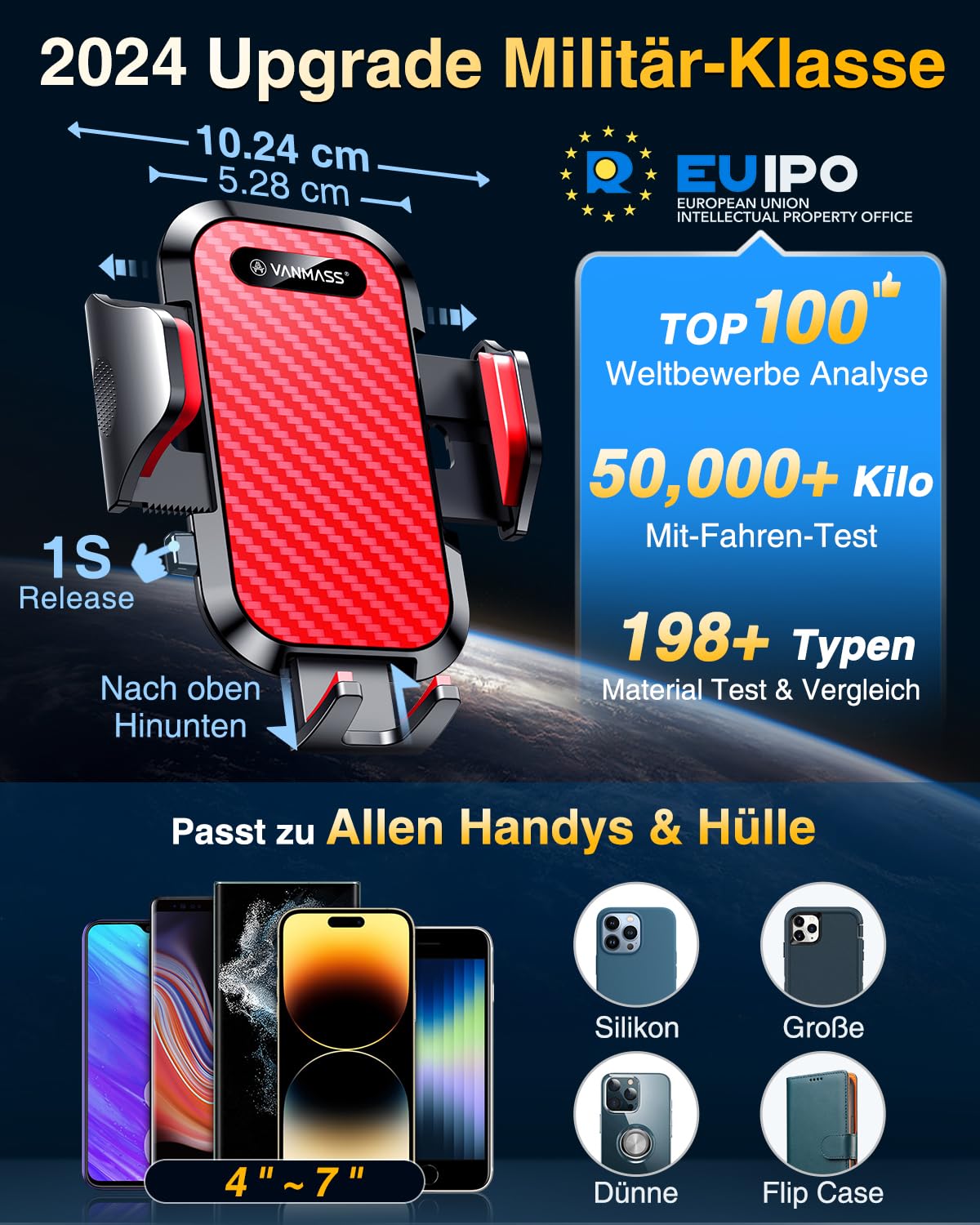 VANMASS 2026【Militär-Klasse】Handyhalterung Auto Upgrade【Stärkste Saugnapf & Lüftungshaken】4 in 1 Handy Halterung Auto 360° Drehbar Handyhalter Auto Armaturenbrett Scheibe Wand für iPhone Samsung usw