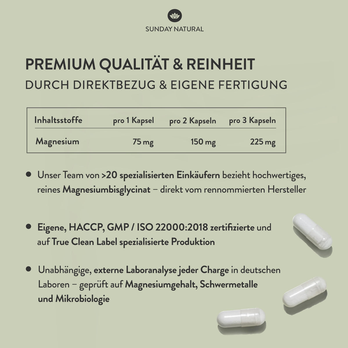 SUNDAY NATURAL® Magnesium Bisglycinat - 240 Kapseln - 300mg reines Magnesium pro Tagesdosis - Depot Magnesiumglycinat als organisches Aminosäurechelat - Laborgeprüft, vegan