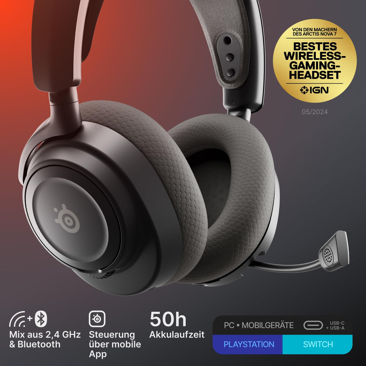 SteelSeries Arctis Nova 7 Wireless Gen 2 Multi-Plattform-Gaming-Headset - Echtzeit-App-Steuerung - Über 50 Std. Akkulaufzeit - 2,4 GHz/Bluetooth parallel möglich -PC, PS5, PS4, Switch 1/2, Mobilgeräte
