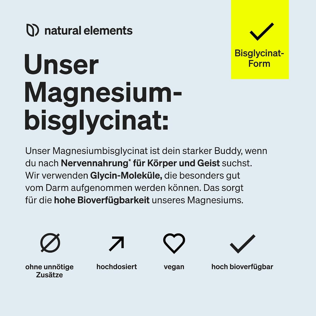 natural elements Magnesium Bisglycinat - Premium: Chelatiertes Magnesium - 180 Kapseln - 300mg elementares Magnesium pro Tagesdosis - Laborgeprüft, vegan, hochdosiert