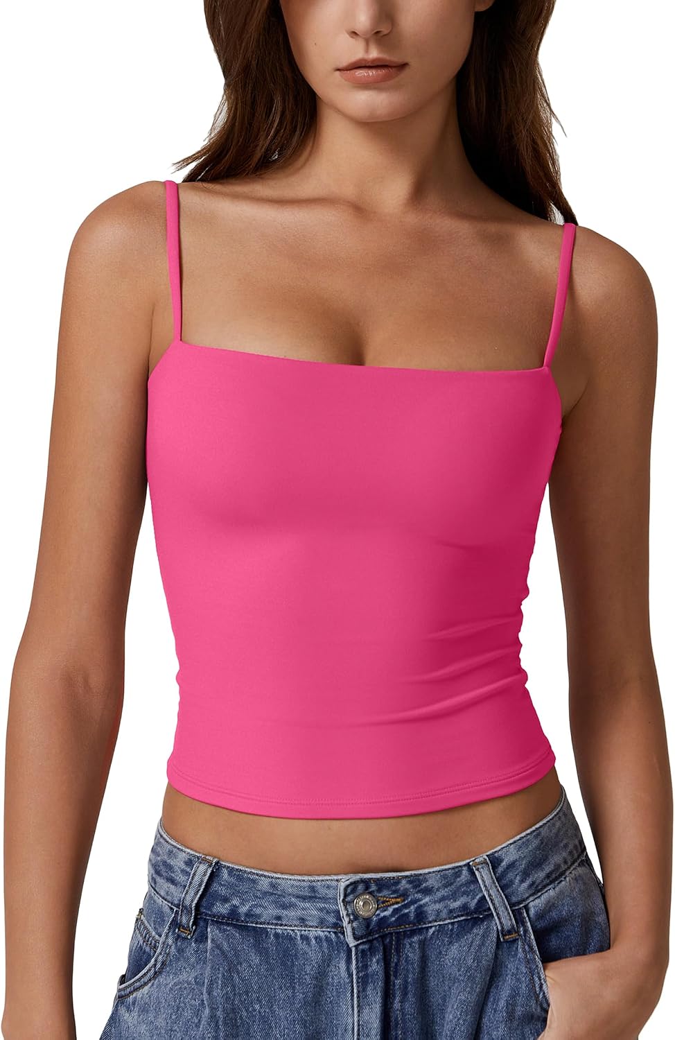 QINSEN Women's Double Lined Basic Tank Top Adjustable Spaghetti Straps Sleeveless Camisole Shirts