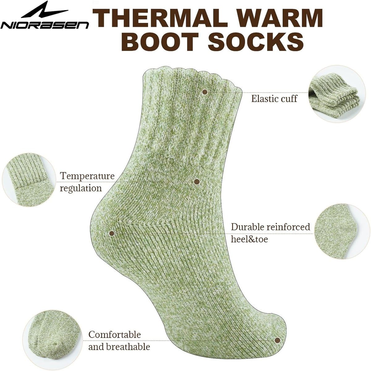 Niorasen Women's Thermal Socks, 3 Pairs Full Cushioned, Cosy Gift Winter