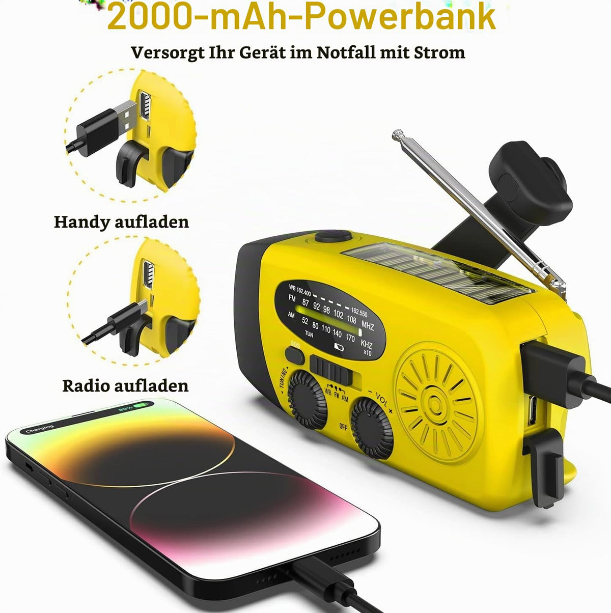 Notfall-Solarradio,Solarbaby Selbstbetriebenes Kurbelradio mit LED-Taschenlampe, SOS-Alarm,AM/FM Wetter Wind Up Radio mit 2000mAh Akku für Notladung von Smartphone,(Rod)