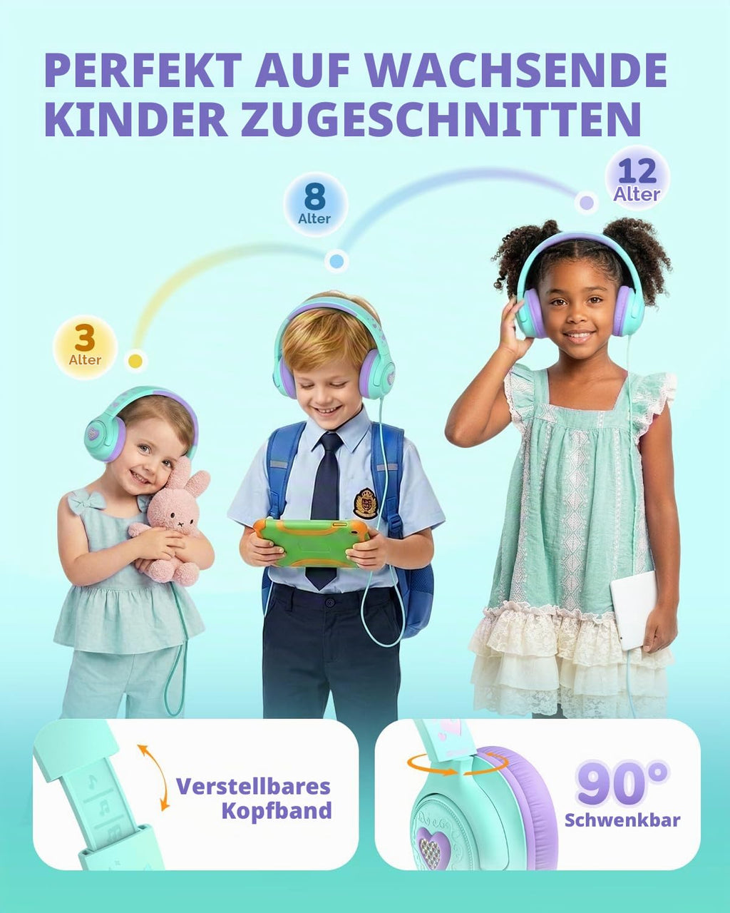 iClever HS26 Kopfhörer Kinder mit 3,5 mm Kabel für Schule/Tablet/Reisen