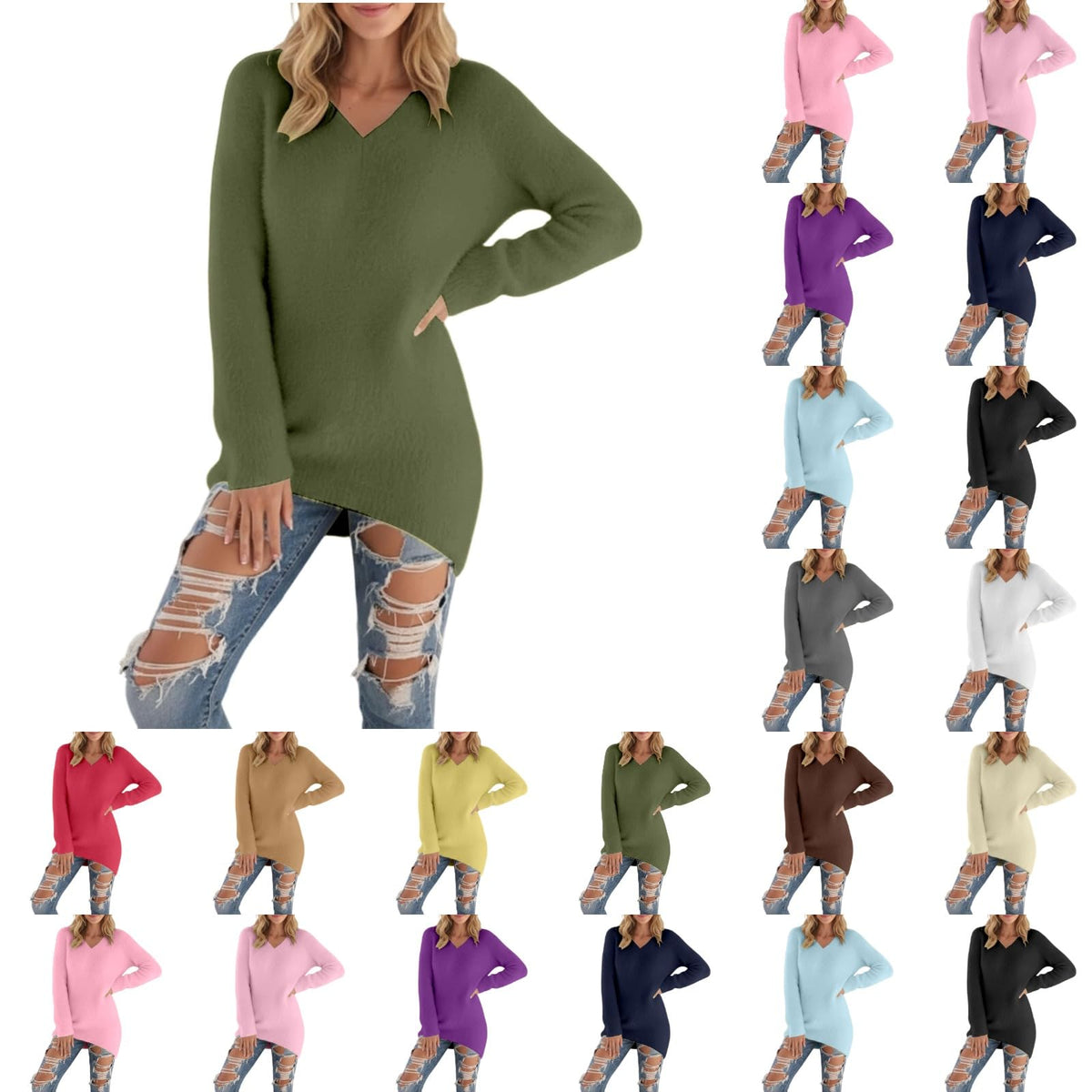 Générique Pull Femme Col V Chic Et Elegant Hiver Grande Taille Manche Longue Chaude Sexy Oversize Couleur Unie Tricot Pulls