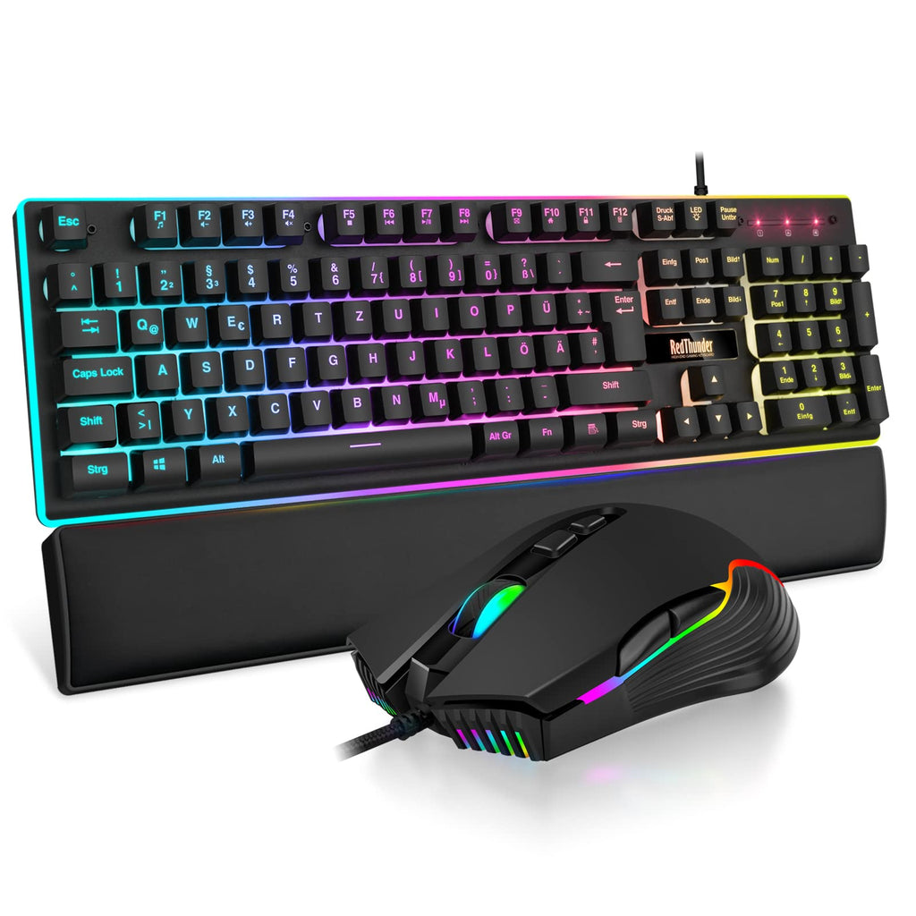 RedThunder K10 Gaming Tastatur und Maus Set, QWERTZ DE-Layout, Metallplatte und Handballenauflager，RGB-Hintergrundbeleuchtung - und 7D mit Ergonomische - für PC Mac Gamer(Weiß)