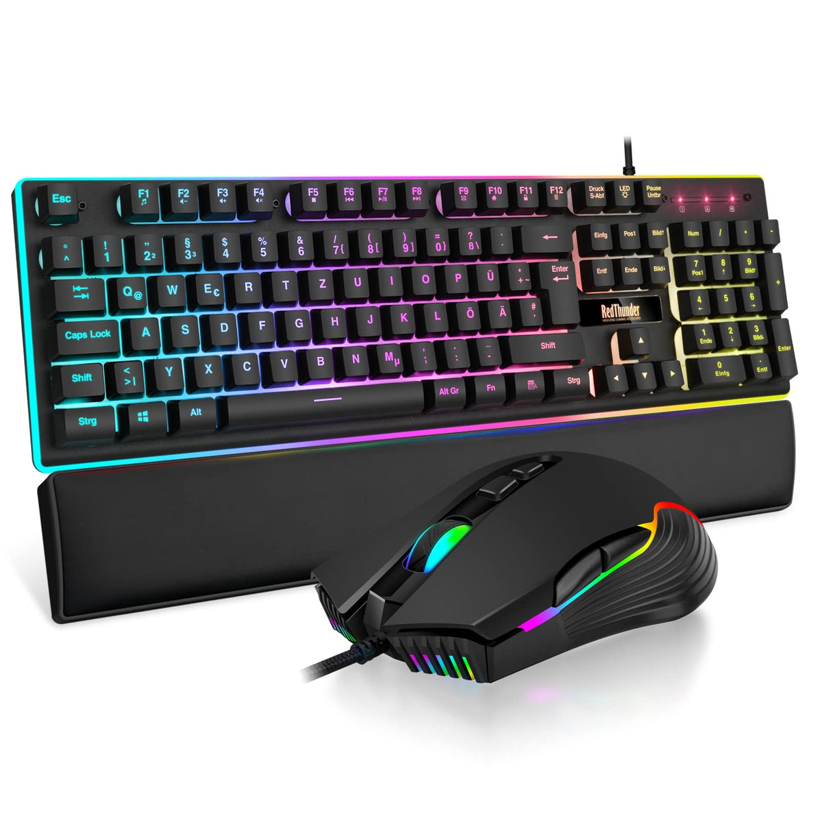 RedThunder K10 Gaming Tastatur und Maus Set, QWERTZ DE-Layout, Metallplatte und Handballenauflager，RGB-Hintergrundbeleuchtung - und 7D mit Ergonomische - für PC Mac Gamer(Weiß)