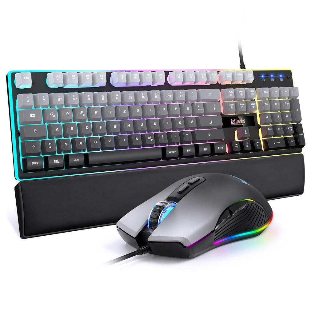 RedThunder K10 Gaming Tastatur und Maus Set, QWERTZ DE-Layout, Metallplatte und Handballenauflager，RGB-Hintergrundbeleuchtung - und 7D mit Ergonomische - für PC Mac Gamer(Weiß)