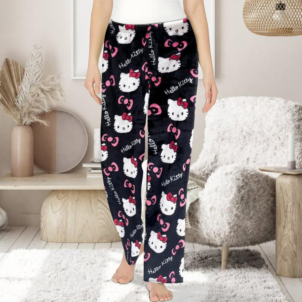 Chnnamzu Damen-Pyjamahose aus Flanell, warmes und weiches Fleece-Pyjamaunterteil, süßes Cartoon-Katzen-Motiv, Kawaii-Mode, lässige Nachtwäsche, Loungewear-Hose