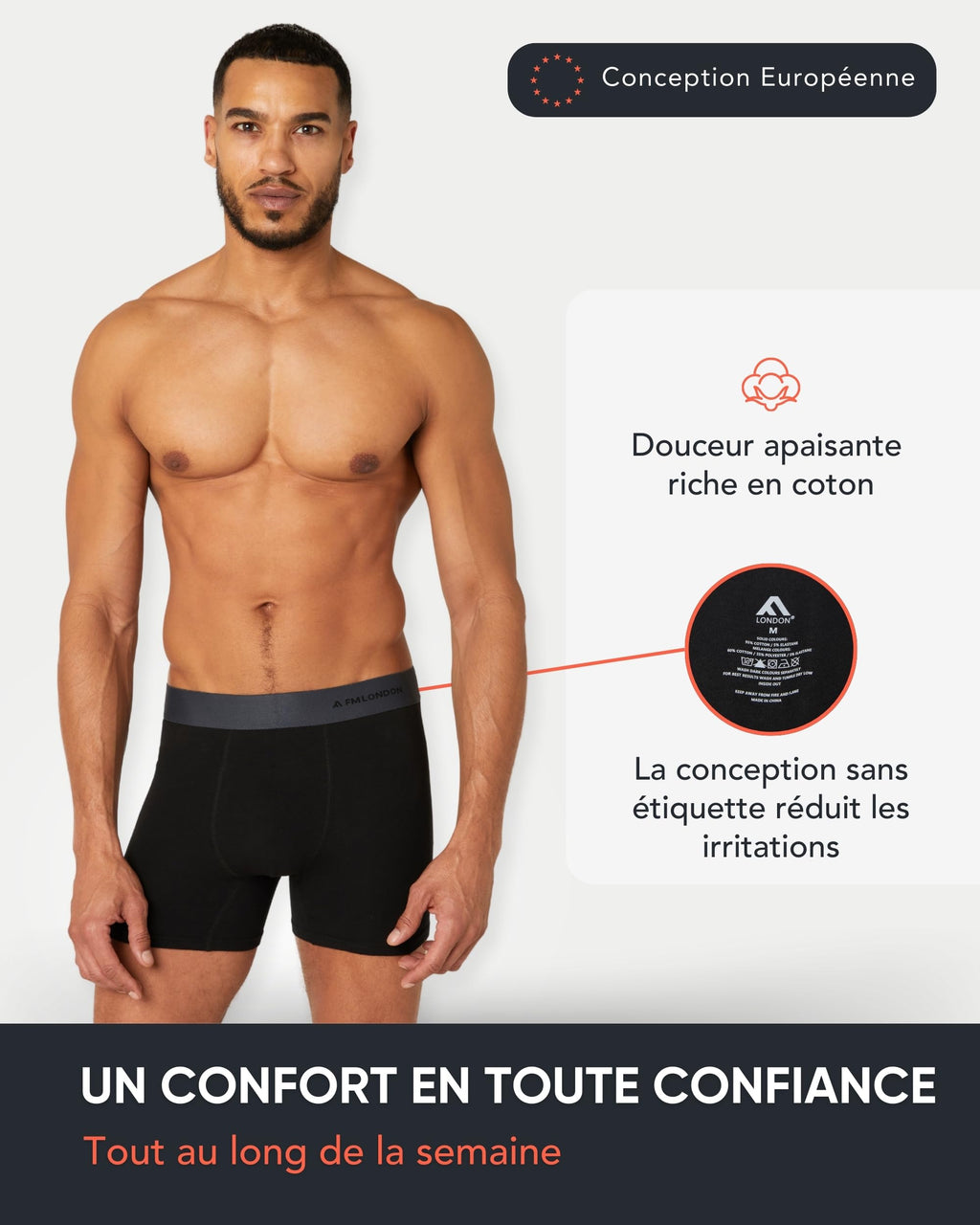 FM London Lot de 7 Boxers Respirants Homme sans Étiquette, Extensibles