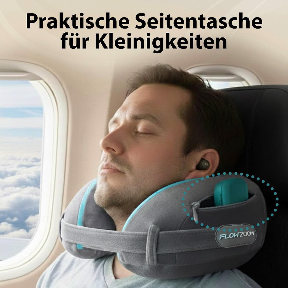 FLOWZOOM Comfy Nackenkissen Flugzeug & Auto mit Kapuze - Einstellbares Memory Foam Reisekissen mit Druckknöpfen für 360° Stütze, weicher Bezug - inkl. Transportbeutel - Grau