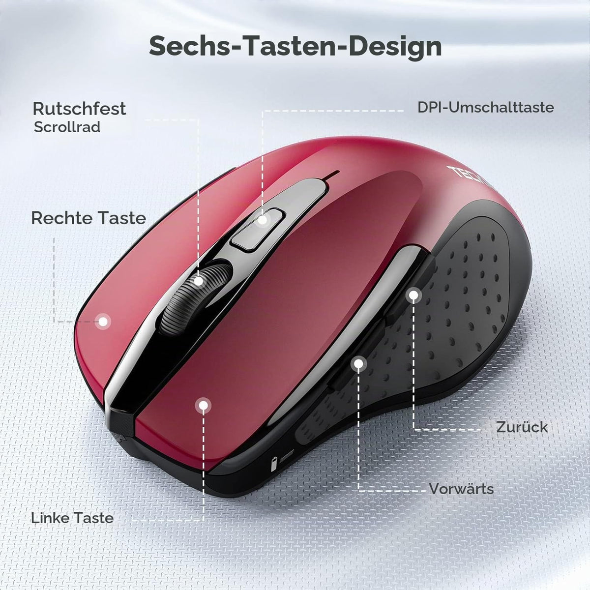 TECKNET Kabellose Maus, 2.4G Optische Funkmaus mit USB Empfänger, Grau