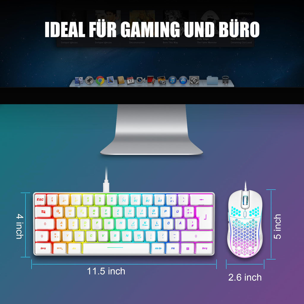RedThunder 60% Kabelloses RGB Gaming Tastatur und Maus Set, QWERTZ DE Layout, Wiederaufladbare Funktastatur mit Ultraleichte Gaming Maus mit Wabenkonstruktion, für PC MAC PS5 Xbox Gamer, Büro.