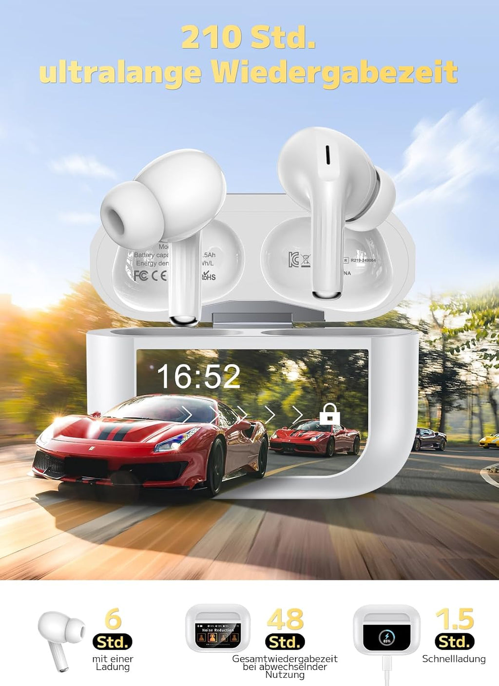 Bluetooth 5.4 Kabellose In-Ear Kopfhörer mit Smart Touchscreen, 48 Std. Wiedergabezeit, Aktive ANC Geräuschunterdrückung + ENC Anrufverarbeitung, 5 EQ-Modi, HiFi Stereo, IPX7 Wasserdicht Austerweiß