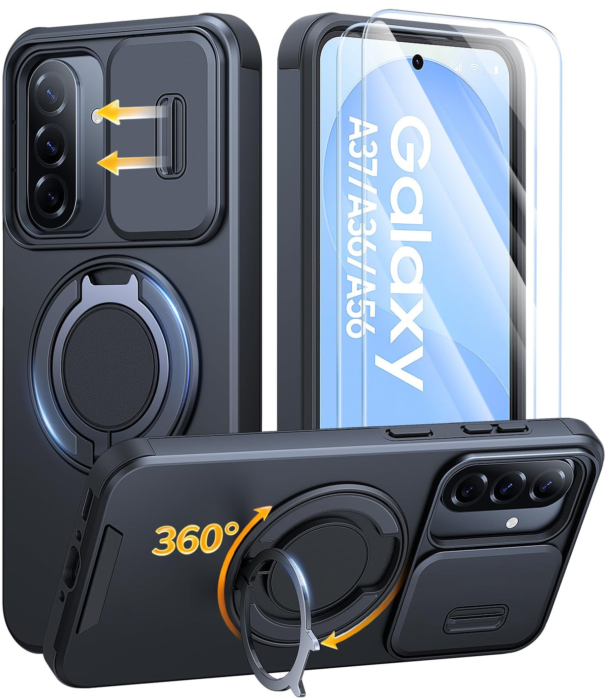 AOUIA für Samsung Galaxy S26 Ultra Hülle mit 2 Stück Panzerglas, Kameraschutz, 360° drehbarer Ringständer, Militärstandard Stoßschutz, robuste Handyhülle für Samsung S26 Ultra, Schwarz