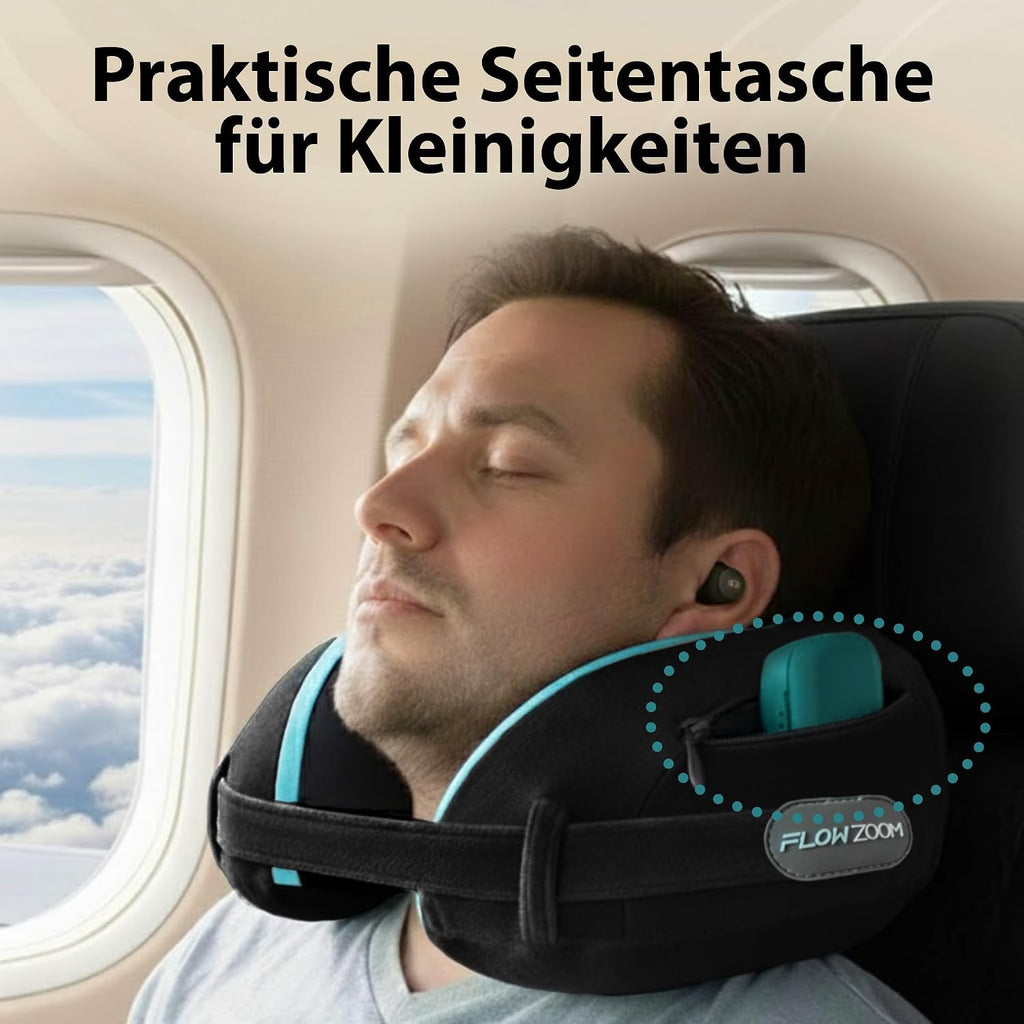 FLOWZOOM Comfy Nackenkissen Flugzeug & Auto mit Kapuze - Einstellbares Memory Foam Reisekissen mit Druckknöpfen für 360° Stütze, weicher Bezug - inkl. Transportbeutel - Grau