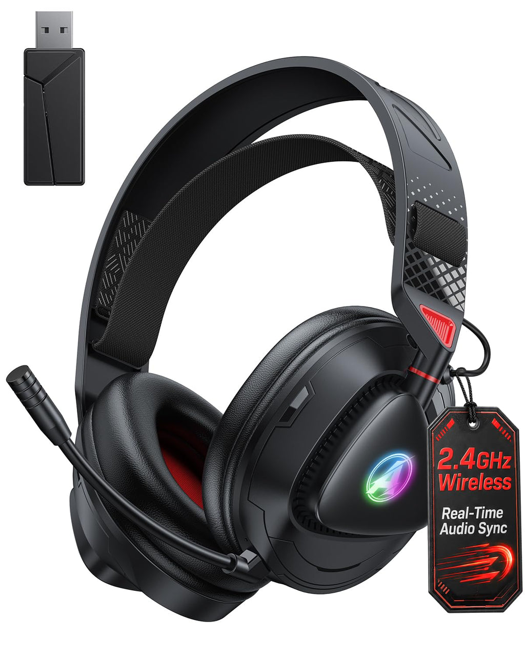 Gaming Headset Wireless für PS5 PS4 PC MAC Handy, 2.4Ghz(USB & Typ-C)+ BT