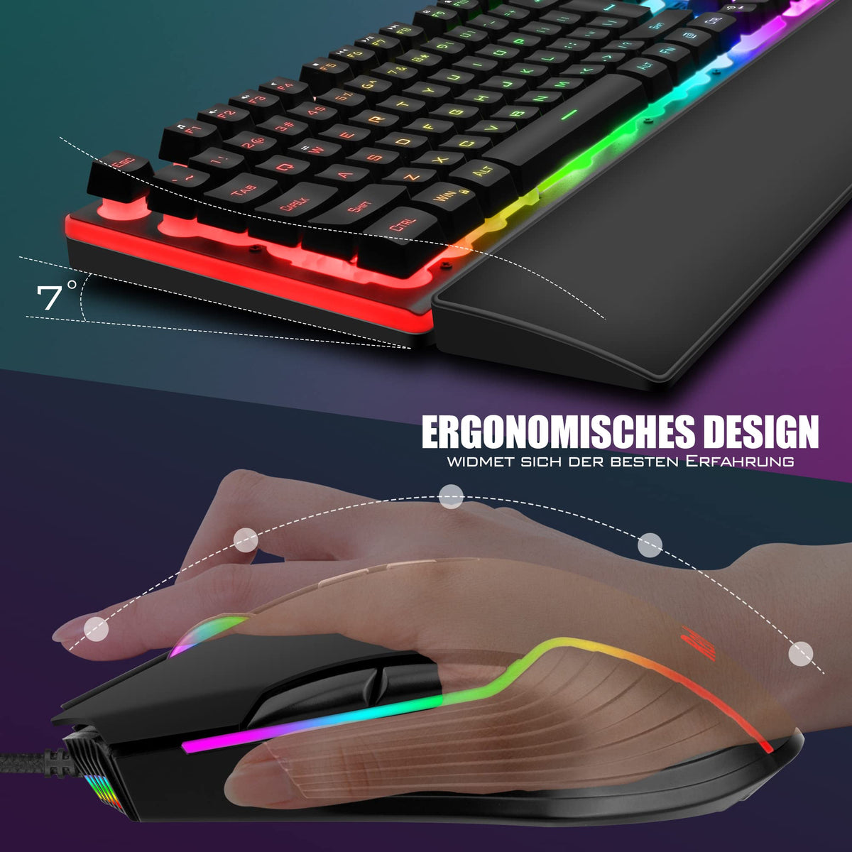 RedThunder K10 Gaming Tastatur und Maus Set, QWERTZ DE-Layout, Metallplatte und Handballenauflager，RGB-Hintergrundbeleuchtung - und 7D mit Ergonomische - für PC Mac Gamer(Weiß)